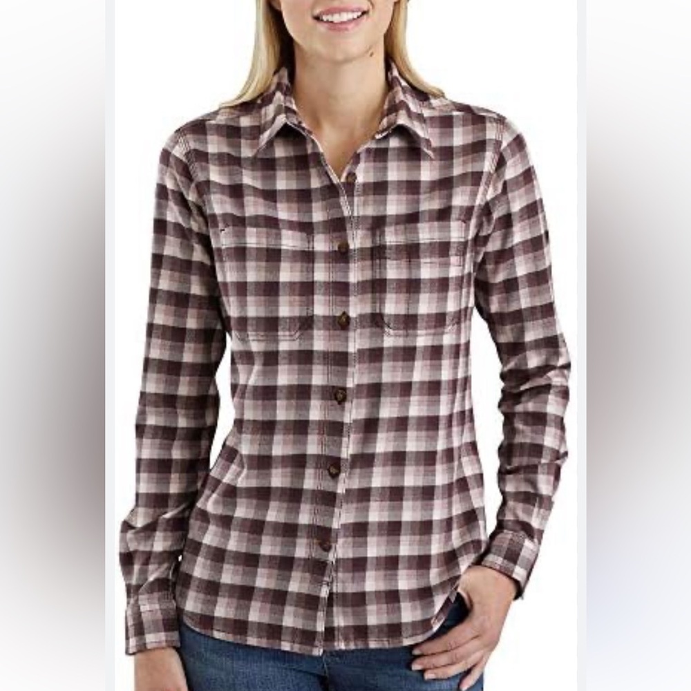 Carhartt Women’s S Multi Brown Cotton Blend Flannel Plaid Button Down Shirt EUC